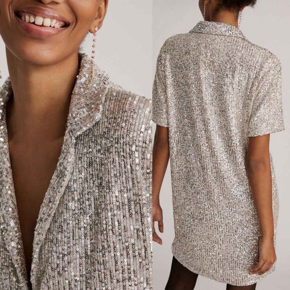 Anthropologie Sunday in Brooklyn Sequin Mini Shirtdress Silver Medium Party - Picture 6 of 8